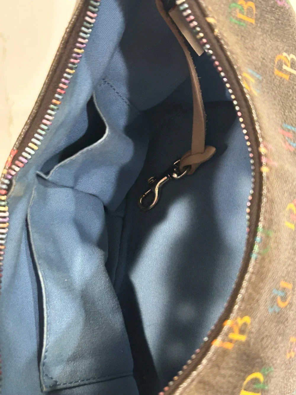 Vintage Dooney & Bourke Rainbow Monogram Brown Leather Pink Heart Zipper Handbag